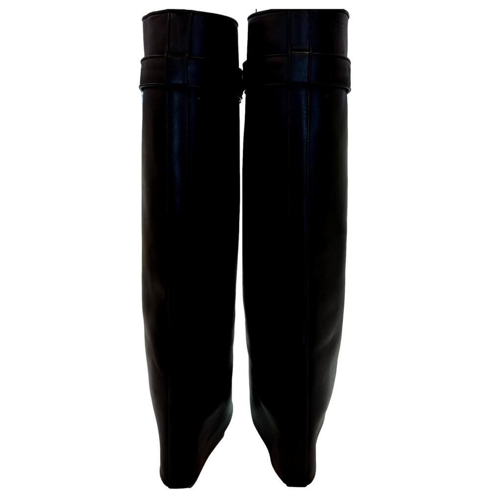 Givenchy Black Leather Knee-High Wedge Boots with Buckle Detail - Picture 13 of 16